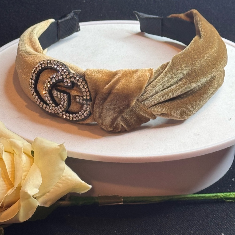 Tan Velvet Rhinestone Headband - Picture 4 of 14